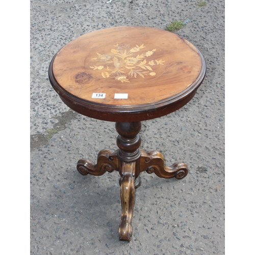 57 - Antique style mahogany tripod table with marquetry inlay, approx 50cm in diameter x 60cm tall