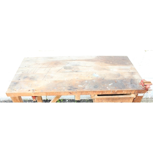 843A - Vintage wooden workbench with vice by Pownall of New Malden, approx 122cm x 62cm x 84cm