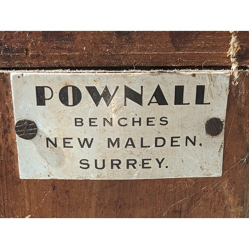 843A - Vintage wooden workbench with vice by Pownall of New Malden, approx 122cm x 62cm x 84cm