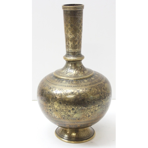 1670 - An Indian brass vase or rosewater flask with profusely engraved decorations of animals, likely 19th ... 