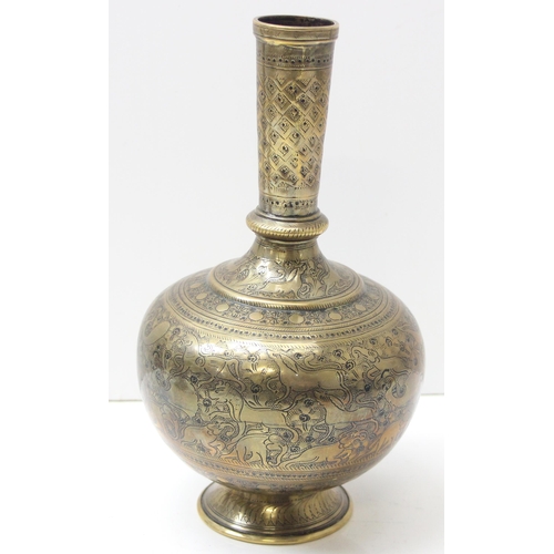 1670 - An Indian brass vase or rosewater flask with profusely engraved decorations of animals, likely 19th ... 