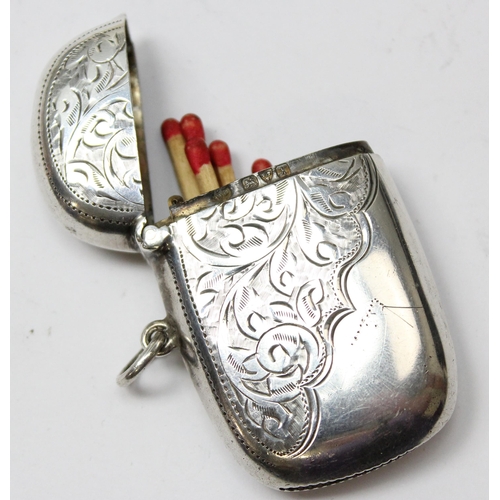 1025A - A silver vesta case with half engraved decoration, Chester 1910 by James Deakin & Son, approx 28.41g... 