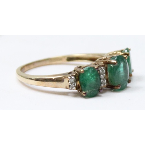 1115 - 9ct gold emerald and diamond trilogy ring, approx size O, approx 2.76g gross