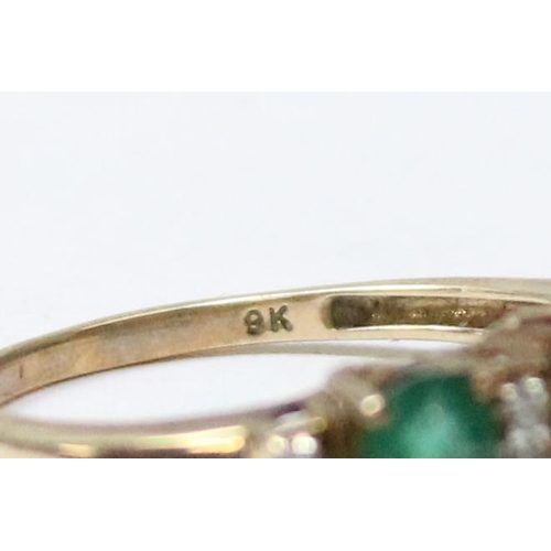 1115 - 9ct gold emerald and diamond trilogy ring, approx size O, approx 2.76g gross