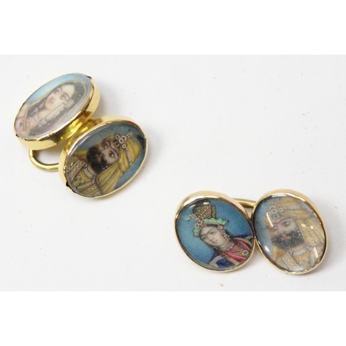 1121 - A pair of 18ct gold mounted cufflinks each set with an Indian mughal watercolour portrait of a high ... 