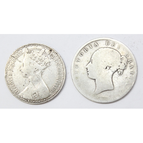 1207 - Queen Victoria 1883 silver Gothic Florin coin and a silver half crown, date rubbed (2)