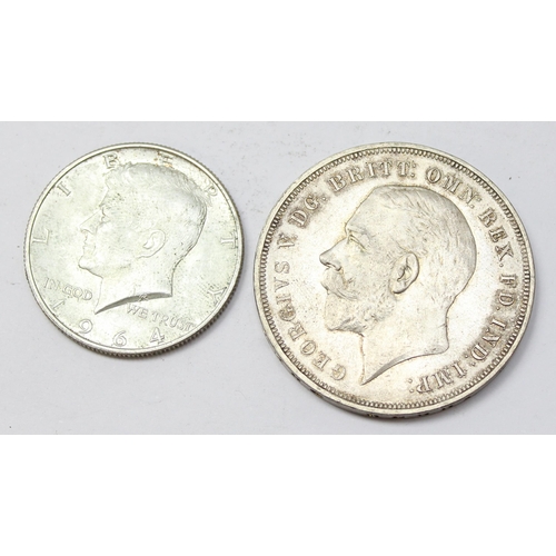 1210 - 1935 silver rocking horse crown coin and a 1964 Kennedy silver half dollar (2)