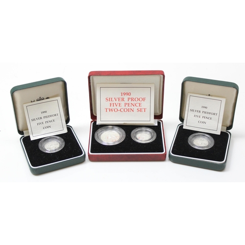 1223 - 2 boxed silver proof 1990 Piedfort 5p coins and a silver proof old and new 5p coin set, all boxed wi... 