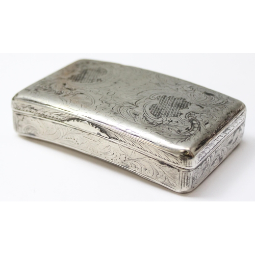 1070 - A 19th century Russian silver snuff box with engraved decoration, 84 marked for 1844, makers mark ob... 