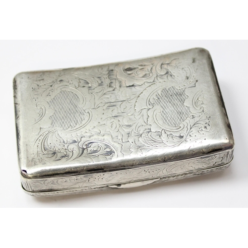 1070 - A 19th century Russian silver snuff box with engraved decoration, 84 marked for 1844, makers mark ob... 