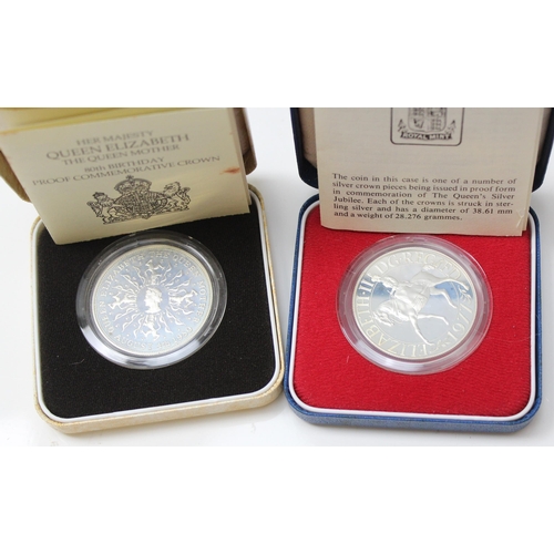 1264 - 5 boxed silver proof coins, 1977 Jubilee Crown, 1980 Queen Mother Crown, 1981 Charles & Diana Crown,... 