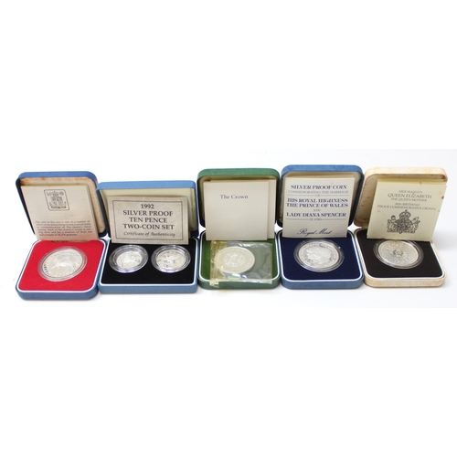 1265 - 5 boxed silver proof coins, 1977 Jubilee Crown, 1980 Queen Mother Crown, 1981 Charles & Diana Crown,... 