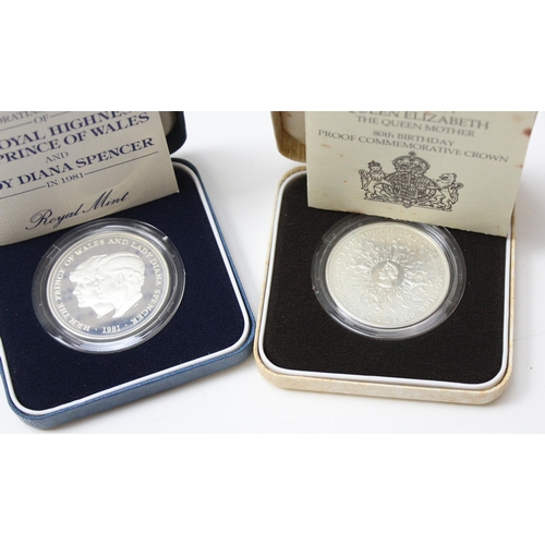 1265 - 5 boxed silver proof coins, 1977 Jubilee Crown, 1980 Queen Mother Crown, 1981 Charles & Diana Crown,... 