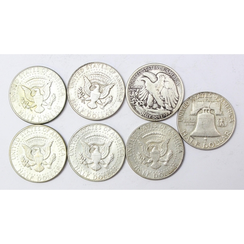 1276 - 7 assorted USA silver half dollars to inc a 1944 D Walking Liberty, 1960 D & 5 Kennedy 1964-68, appr... 