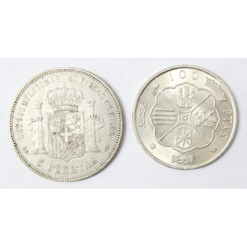 1279 - 1871 Spanish 5 Pesetas silver coin and a 1966 100 Pesetas silver coin (2)