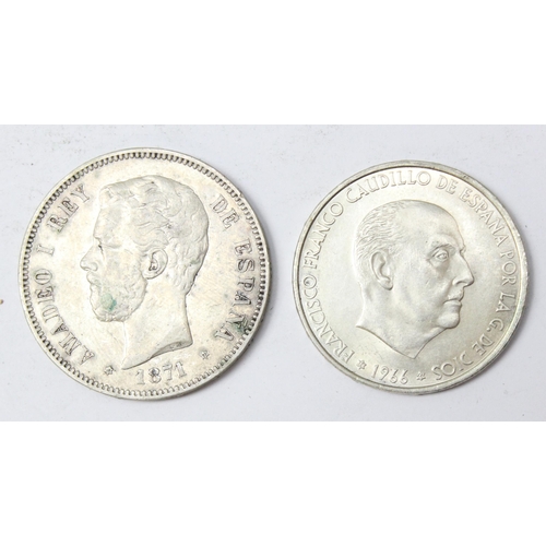 1279 - 1871 Spanish 5 Pesetas silver coin and a 1966 100 Pesetas silver coin (2)