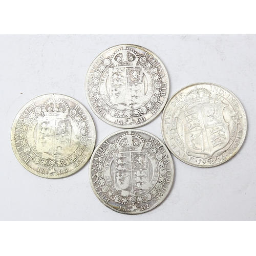 1281 - 4 full silver half crown coins, 1916 George V in high grade and Queen Victoria, 1888, 90 & 92, appro... 