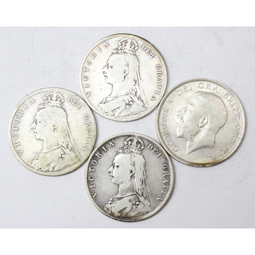 1281 - 4 full silver half crown coins, 1916 George V in high grade and Queen Victoria, 1888, 90 & 92, appro... 