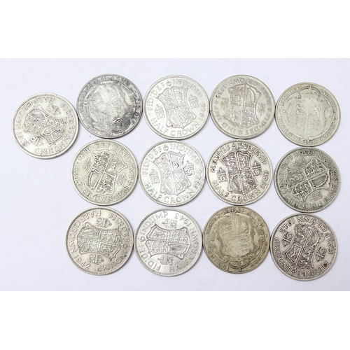 1283 - 13 half crown coins, all 1920-1946 half silver date range, approx 181.05g gross