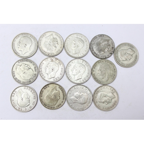 1283 - 13 half crown coins, all 1920-1946 half silver date range, approx 181.05g gross