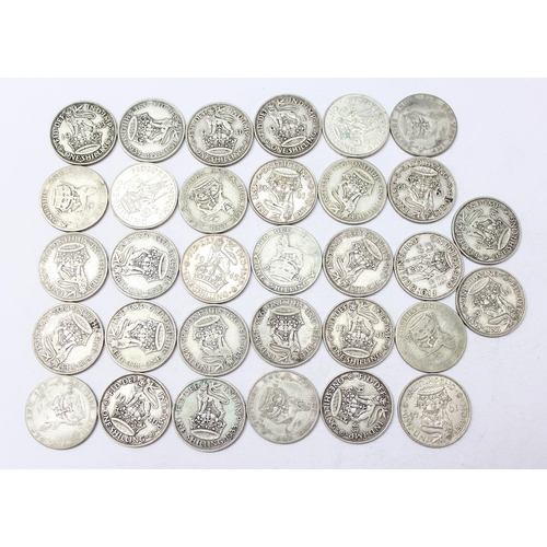 1287 - 32 shilling coins, all 1920-1946 half silver date range, approx 177.41g gross