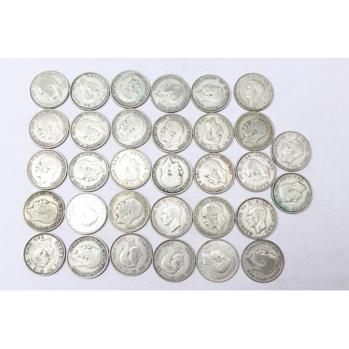 1287 - 32 shilling coins, all 1920-1946 half silver date range, approx 177.41g gross