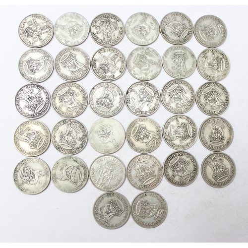 1288 - 32 shilling coins, all 1920-1946 half silver date range, approx 177.83g gross