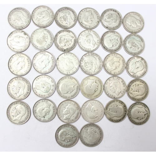 1288 - 32 shilling coins, all 1920-1946 half silver date range, approx 177.83g gross