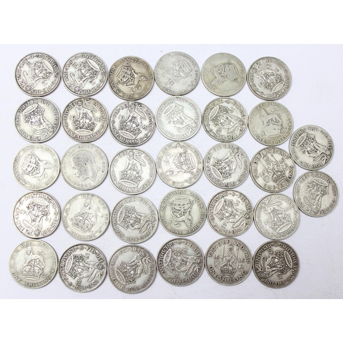 1289 - 32 shilling coins, all 1920-1946 half silver date range, approx 177.28g gross