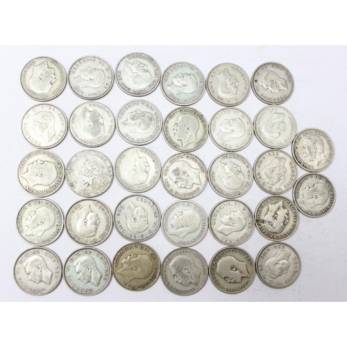 1289 - 32 shilling coins, all 1920-1946 half silver date range, approx 177.28g gross