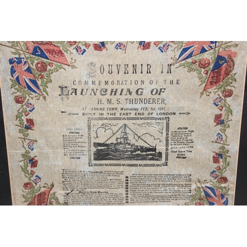 496 - A rare early 20th century commemorative paper napkin commemorating the Launching of HMS Thunderer in... 