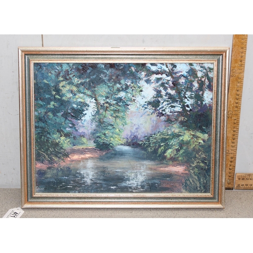 411A - Unsigned abstract oil on board of a woodland stream, London gallery stamp verso and a watercolour of... 