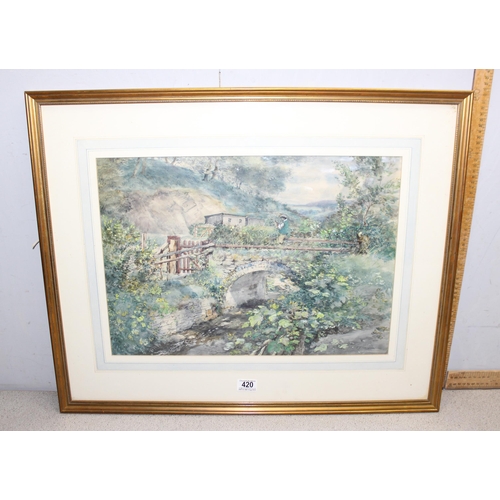 414 - Cecil J Thornton (1911-2001), 2 x watercolours of man on an overgrown rural stone bridge, and one of... 