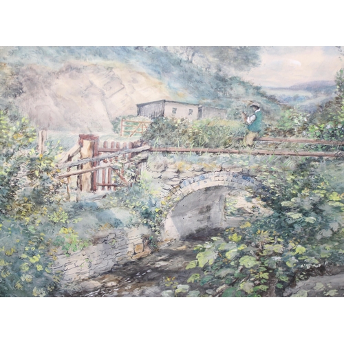 414 - Cecil J Thornton (1911-2001), 2 x watercolours of man on an overgrown rural stone bridge, and one of... 