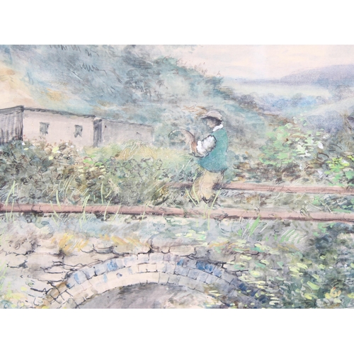 414 - Cecil J Thornton (1911-2001), 2 x watercolours of man on an overgrown rural stone bridge, and one of... 