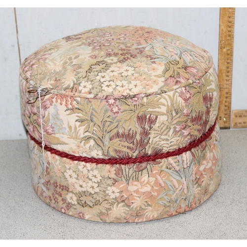 123A - Vintage upholstered footstool/pouffe with floral decoration, approx 37cm wide and a painted white la... 