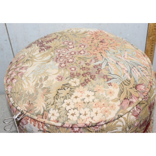 123A - Vintage upholstered footstool/pouffe with floral decoration, approx 37cm wide and a painted white la... 