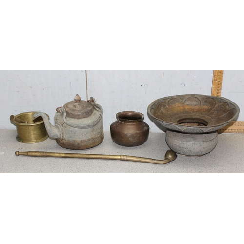 1833 - Qty of assorted middle eastern metalware to inc a brass pipe, pestle and mortar, pair of ecclesiasti... 