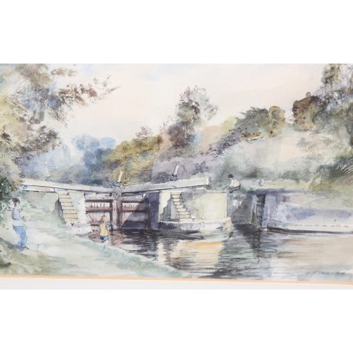 414 - Cecil J Thornton (1911-2001), 2 x watercolours of man on an overgrown rural stone bridge, and one of... 