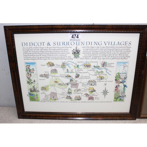 445A - Of local interest, a collection of 7 framed antique colour prints, a vintage map of Didcot and surro... 