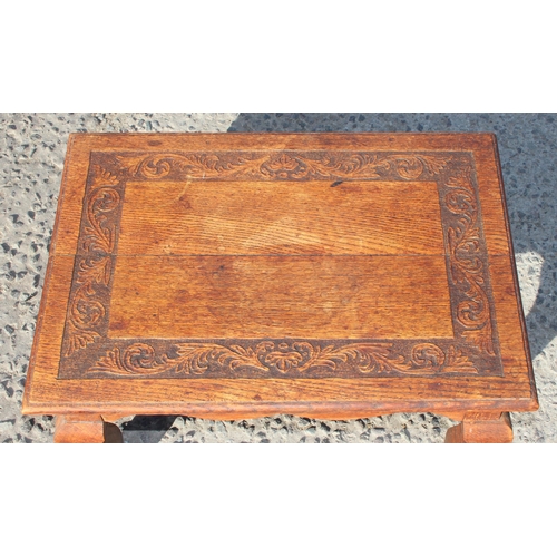 152 - Sydney W Smith, local furniture maker, 2 early 20th century oak tables with carved details and unusu... 