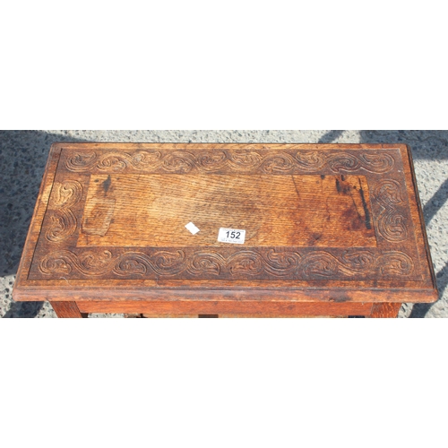 152 - Sydney W Smith, local furniture maker, 2 early 20th century oak tables with carved details and unusu... 