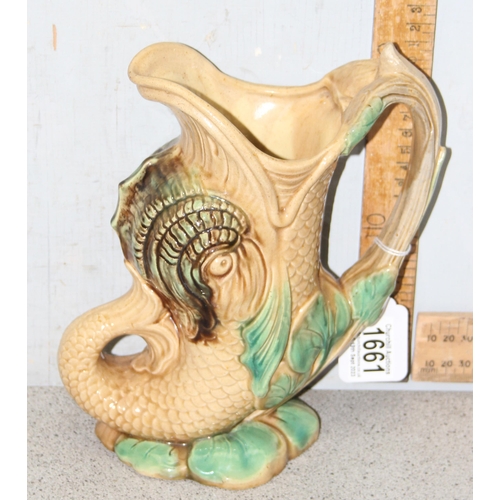 1661 - An unusual antique majolica pottery gurgle jug, unmarked but likely Continental, approx 23cm tall