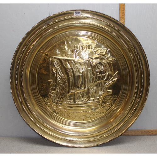 1805 - Large brass charger with Galleon decoration approx. 86cm wide