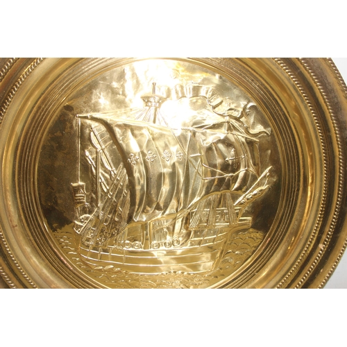 1805 - Large brass charger with Galleon decoration approx. 86cm wide