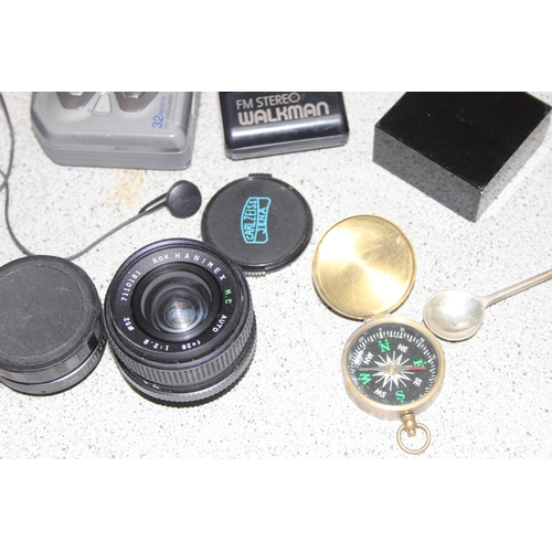 1831 - Mixed lot to include Sony Walkman, Hanimex camera lens & a snake skin effect copper jug