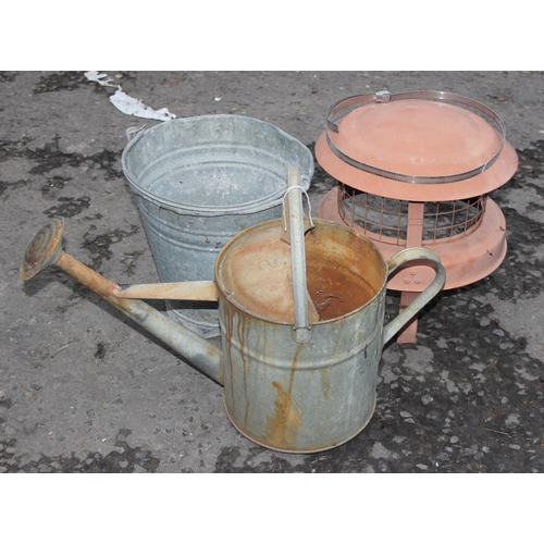 339 - Vintage galvanised watering can, bucket and feeder (3)