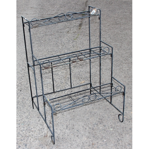 344 - 3 tier metal garden plant stand, approx 61cm wide x 59cm deep x 89cm tall