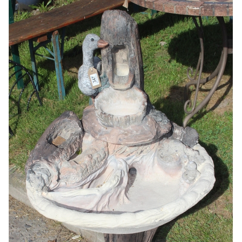 347 - Garden fountain or bird bath with goose, 3 parts, approx 60cm wide x 105cm tall