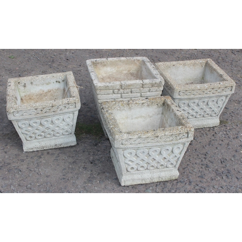 351 - 4 assorted concrete garden plant pots, 3 matching and one with brick effect, approx 31cm cubed in si... 